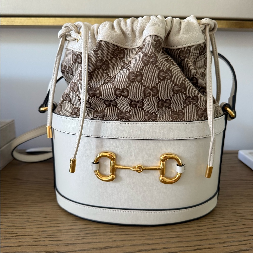 Gucci Cream and Brown Monogram Bucket Bag